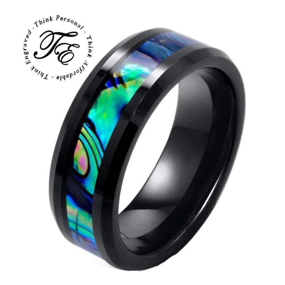 Men's Real Black Tungsten Wedding Ring With Abalone Shell Inlay - Picture 11 of 11